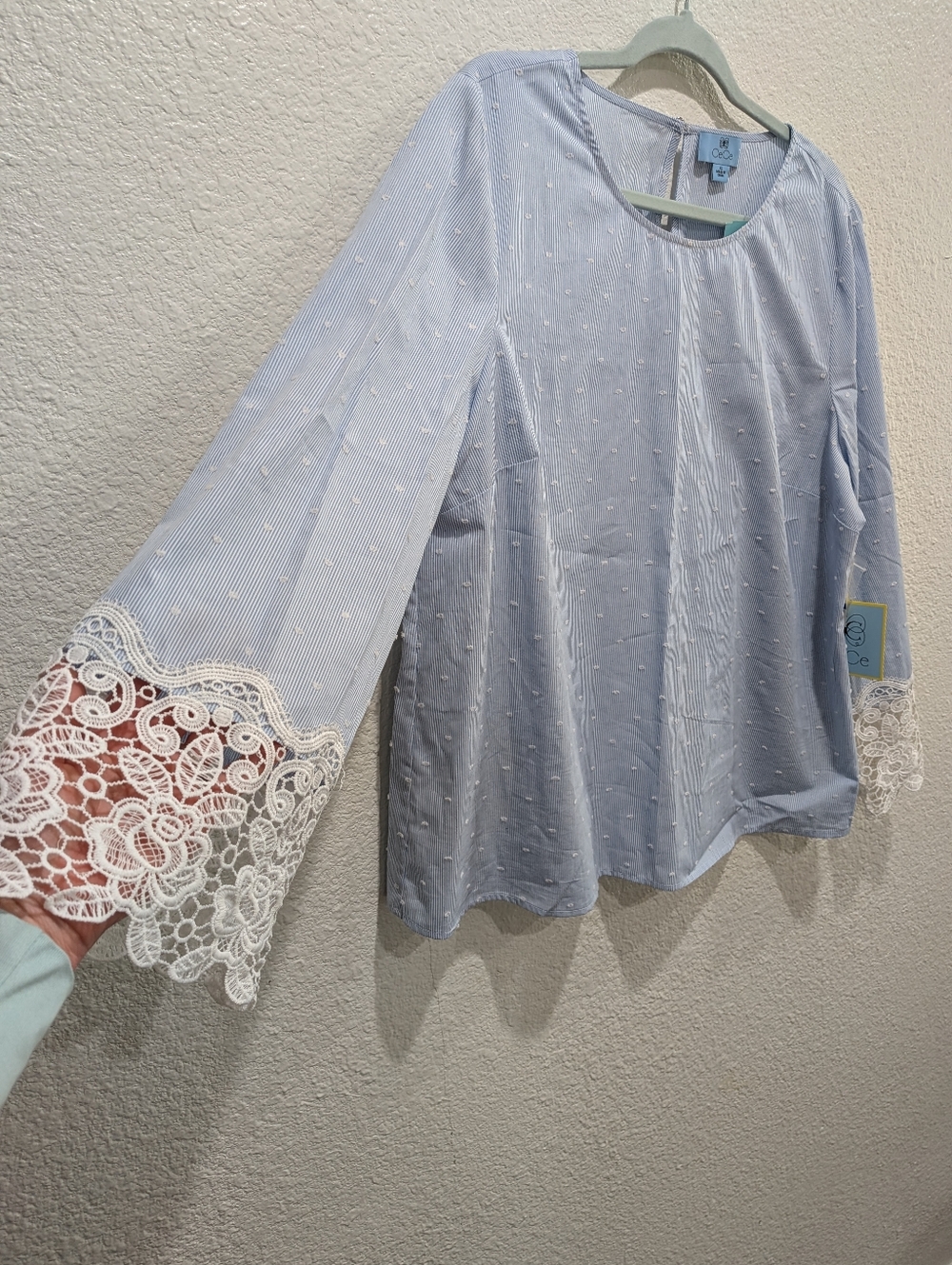 NWT CeCe Blouse Blue White Stripe Lace Sleeve XL Cotton Swiss Dot Top Coastal